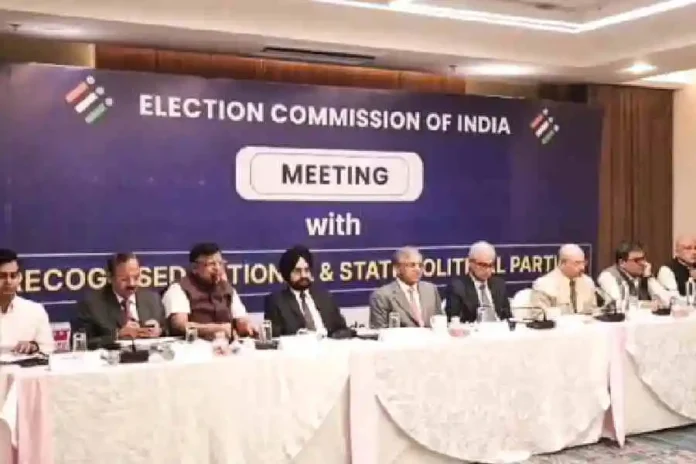 Chief election commissioner Gyanesh Kumar (fifth from right), flanked by election commissioners Sukhbir Singh Sandhu and Vivek Joshi, with other senior officials of the poll panel during a meeting in Calcutta on Monday with representatives of recognised political parties in Bengal. (@ECISVEEP/X via PTI)
